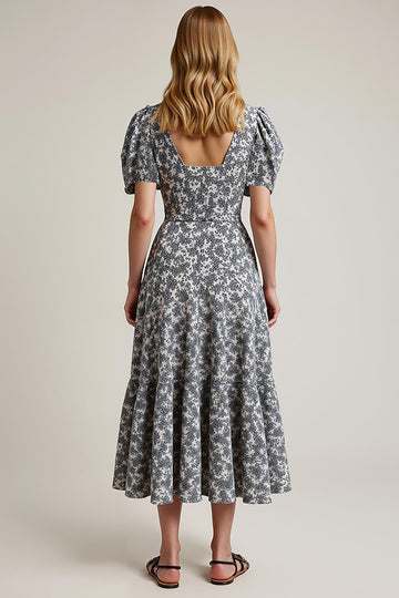 White Black Flower Puff Sleeve A Line Wedding Guest Dress